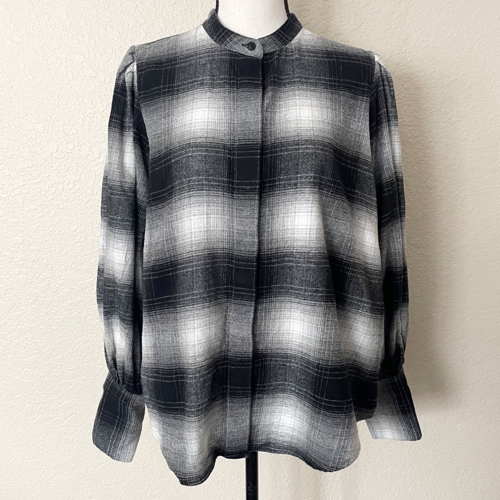 Banana Republic Flannel Plaid Bishop Sleeve Button Front Top